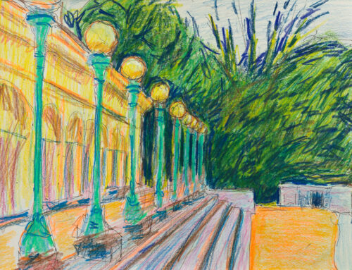 Noel Hefele's colored pencil drawing of the iconic Prospect Park Boathouse steps in Brooklyn, NY