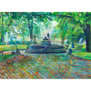 Oil painting of Concert Grove and the Lincoln statue in Prospect Park by Noel Hefele