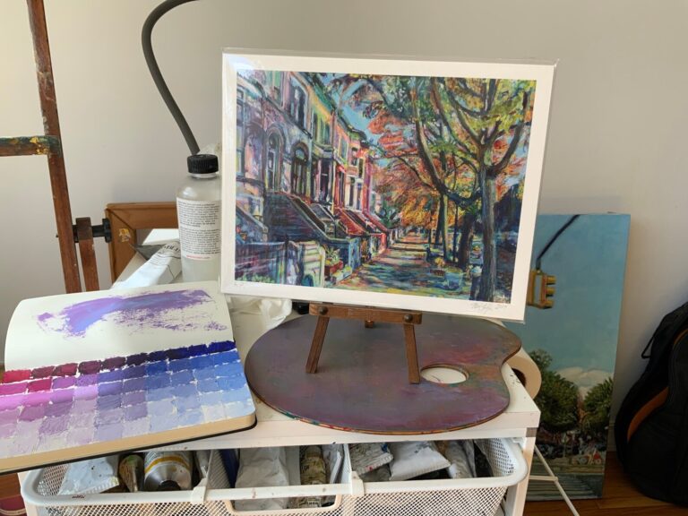 Midwood Street Brownstones artist proof giclee print on artist's table with color research study notebook and painter's palette