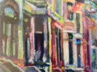 Close-up of windows on Brooklyn brownstones in giclee print protected in plastic