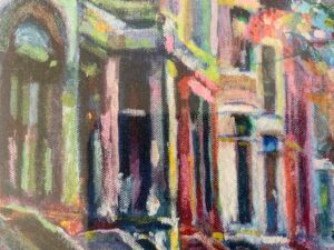 Close-up of windows on Brooklyn brownstones in giclee print protected in plastic
