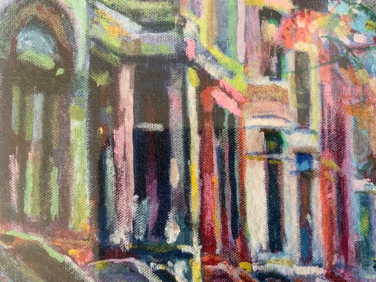Close-up of windows on Brooklyn brownstones in giclee print protected in plastic