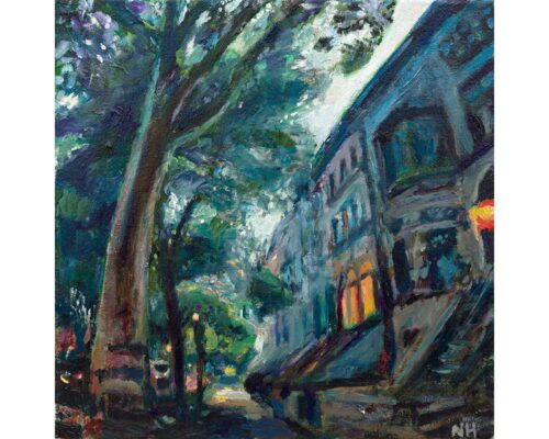 Evening light illuminating a brownstone on Midwood Street