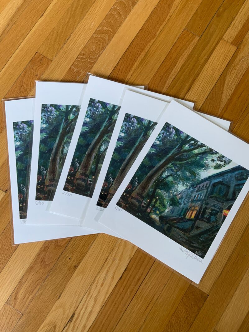 Five signed, numbered, and dated prints on the floor
