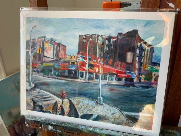 Giclee print of Parkside Ave and Ocean Ave intersection in Brooklyn in plastic sleeve on painting easel