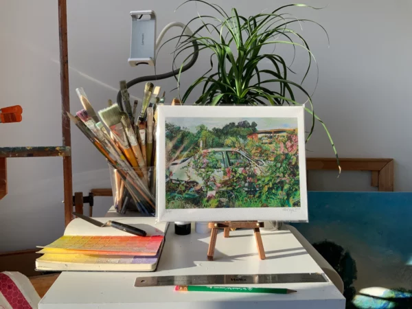 Staged product shot of giclee print on small easel