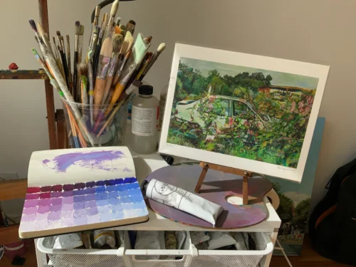 Staged product shot of giclee print on art table