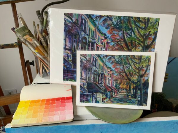 Midwood Street Brownstones giclee prints in two sizes on artist's table
