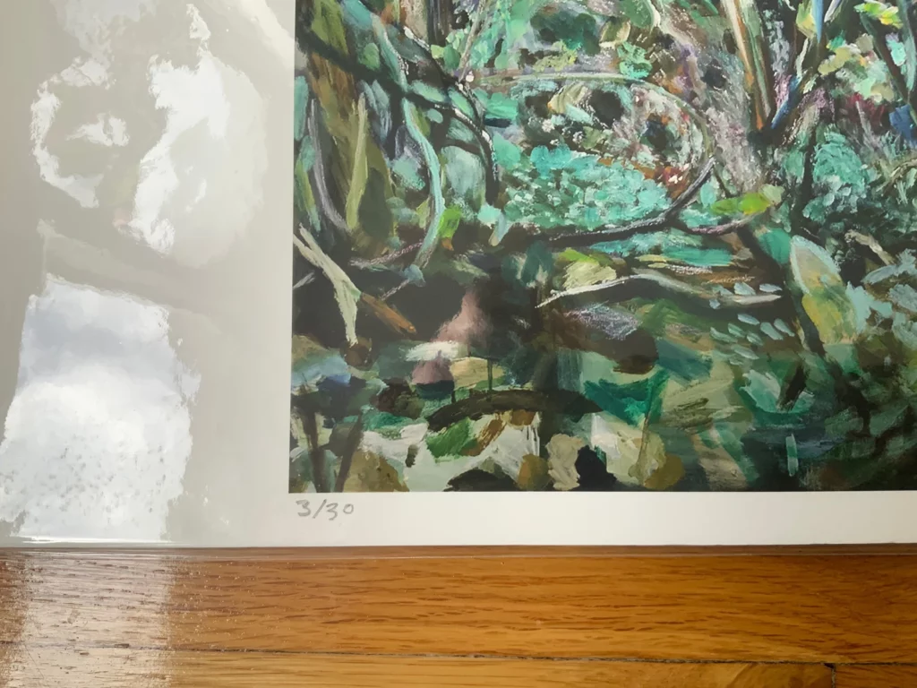 Detail of edition number 3/30 on "Grove of Trees in Devon, England" giclee print