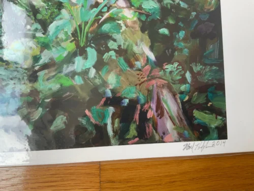 Detail of signature and date on "Grove of Trees in Devon, England" giclee print