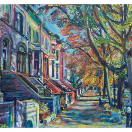 Vibrant pastel-colored Brooklyn brownstones on a tree-lined street