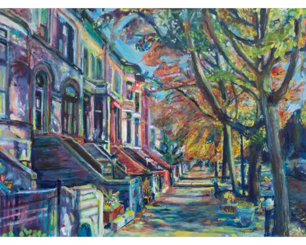 Vibrant pastel-colored Brooklyn brownstones on a tree-lined street