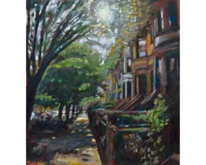 Oil painting of sunlit brownstone street on Rutland Road in Brooklyn by Noel Hefele