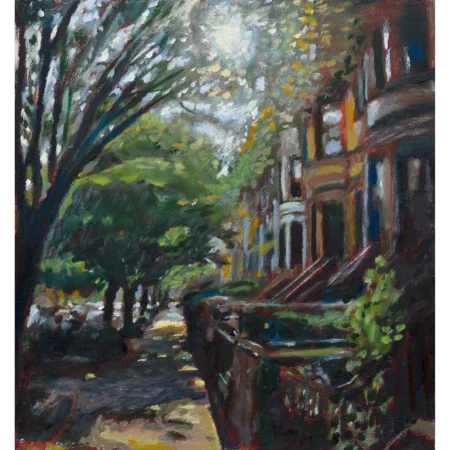 Oil painting of sunlit brownstone street on Rutland Road in Brooklyn by Noel Hefele