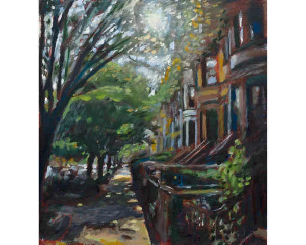 Oil painting of sunlit brownstone street on Rutland Road in Brooklyn by Noel Hefele