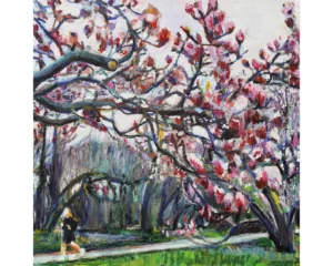 Oil painting of magnolia trees in bloom in Prospect Park Brooklyn by Noel Hefele