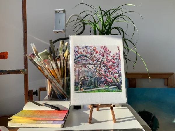 Prospect Park Spring Magnolias giclee print in artist studio