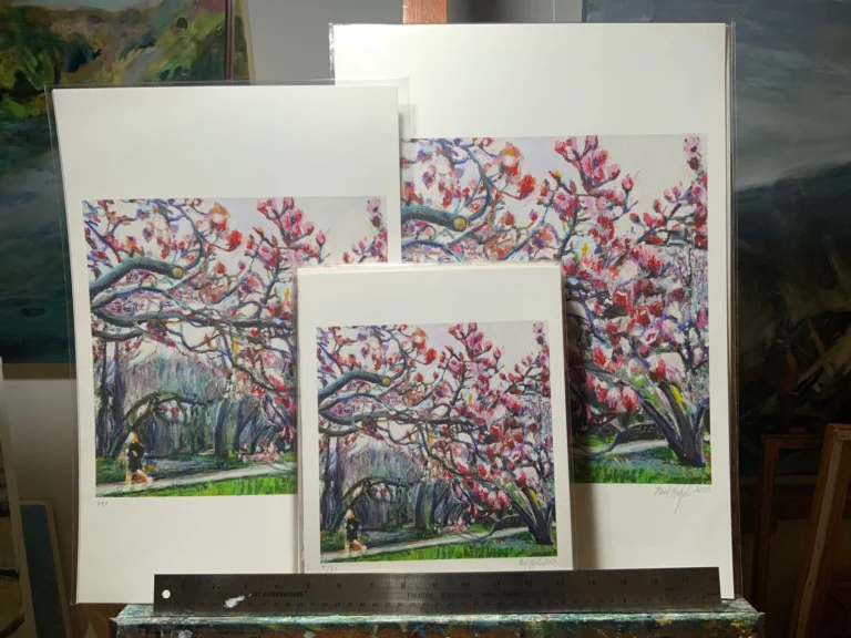 Prospect Park Spring Magnolias giclee prints in all available sizes on easel with ruler