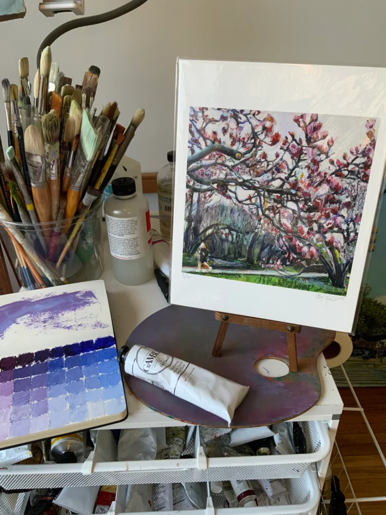 Prospect Park Spring Magnolias larger size giclee print in artist studio