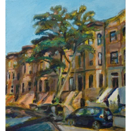 Oil painting of brownstones on Rutland Road in Brooklyn