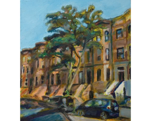 Oil painting of brownstones on Rutland Road in Brooklyn