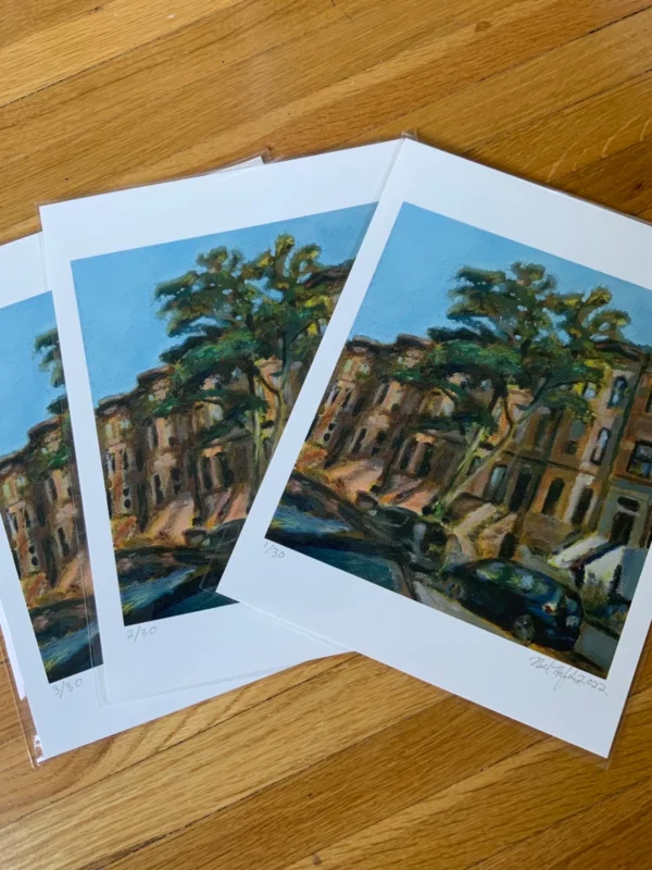 Stack of signed and numbered giclee prints featuring brownstones on Rutland Road