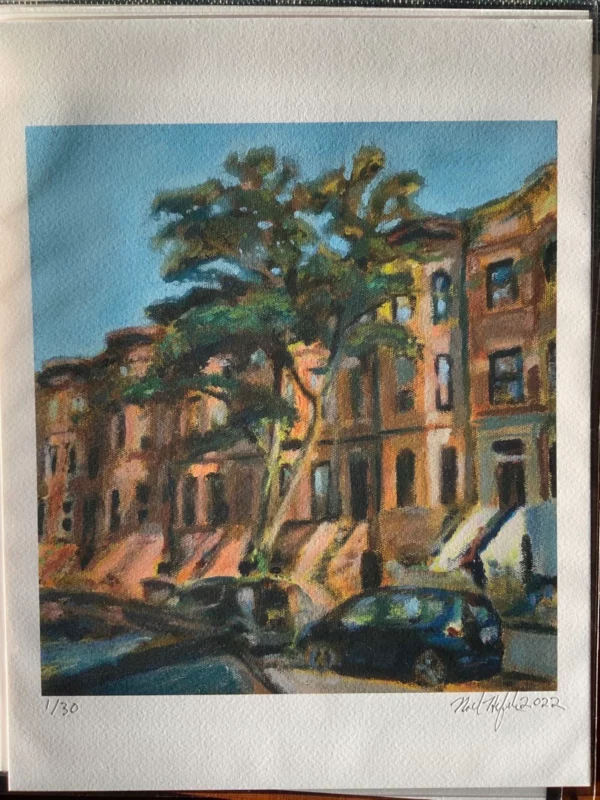 Stack of signed and numbered giclee prints featuring brownstones on Rutland Road
