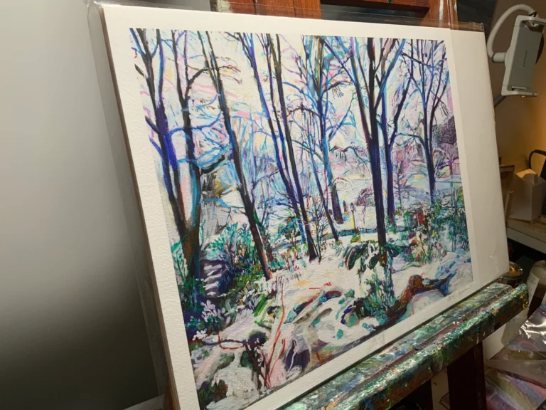 Snowy winter forest painting by Noel Hefele
