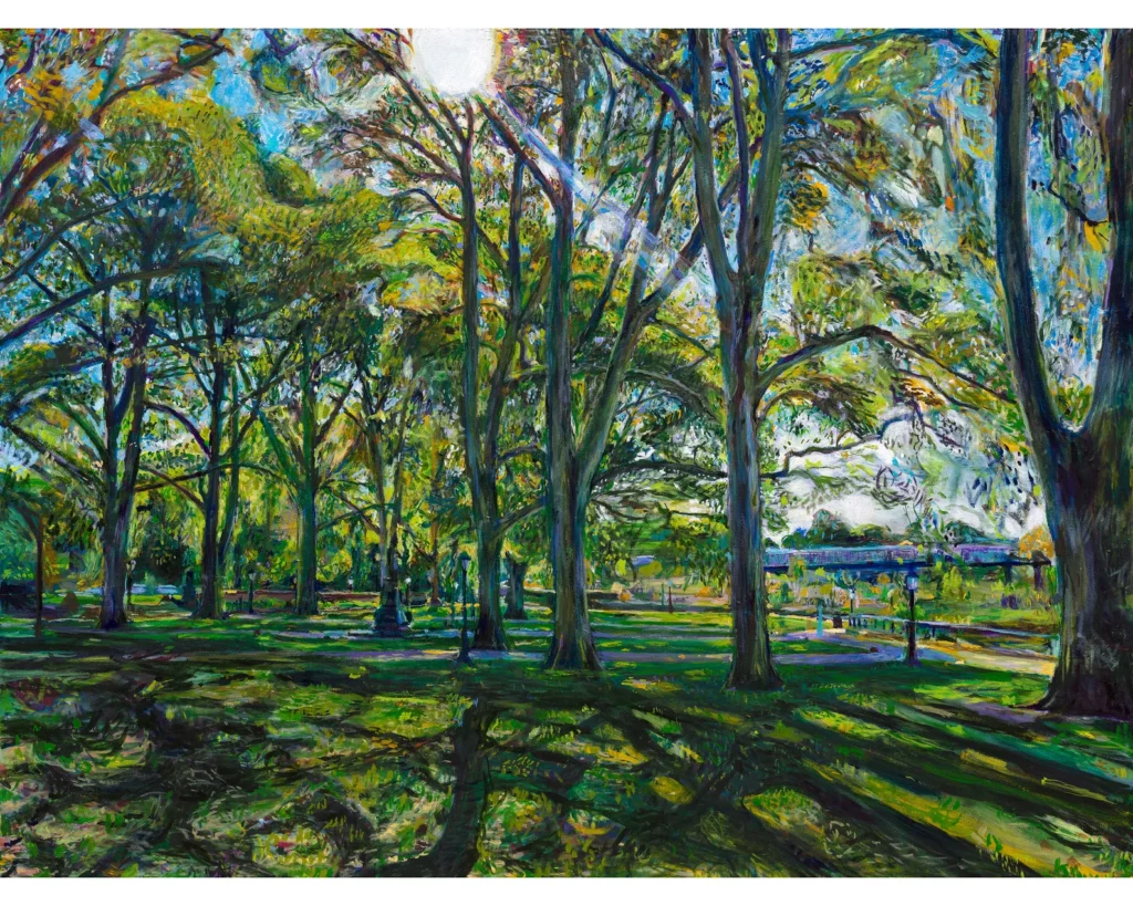 Oil painting of London plane trees in Prospect Park with light filtering through branches by Noel Hefele