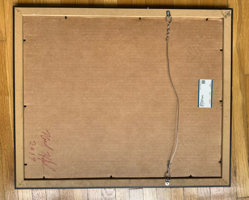 Back view of blue and green abstract painting