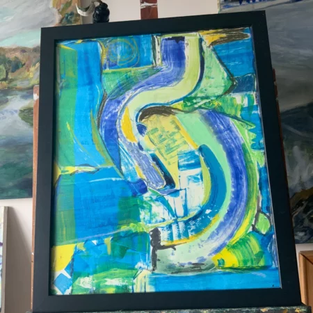 Blue and green abstract painting on easel in better light