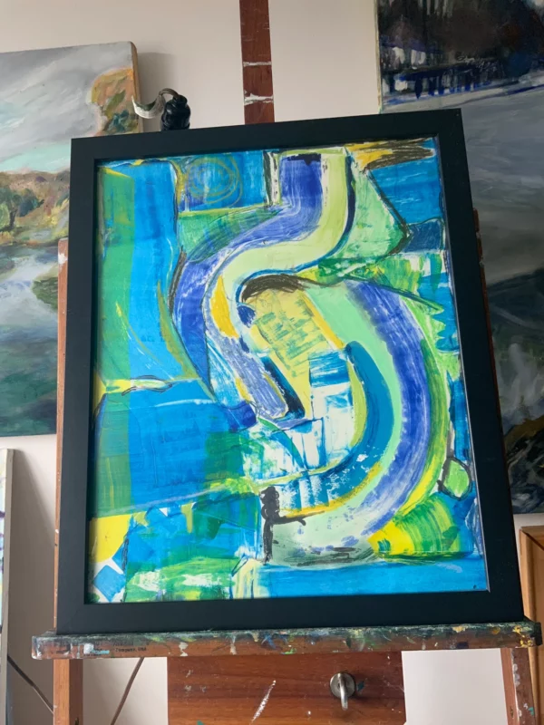 Blue and green abstract painting on easel in better light