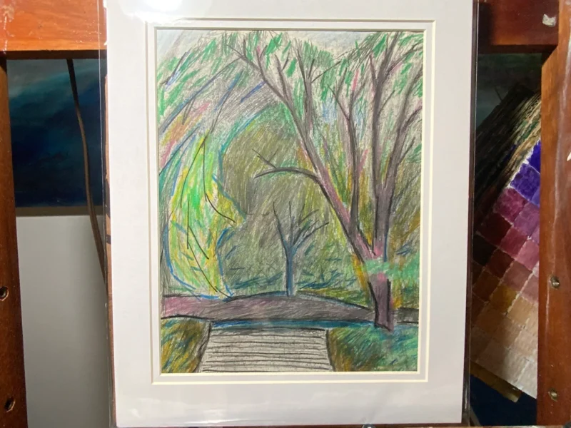 Purple Tree Steps colored pencil landscape art by Noel Hefele