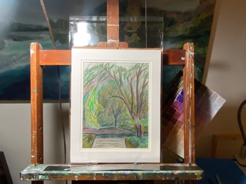 Purple Tree Steps colored pencil landscape art by Noel Hefele