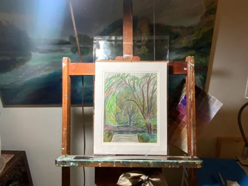 Purple Tree Steps colored pencil landscape art by Noel Hefele