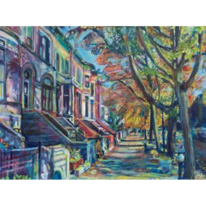 Oil painting of brownstone buildings on Midwood Street in Flatbush Brooklyn by Noel Hefele