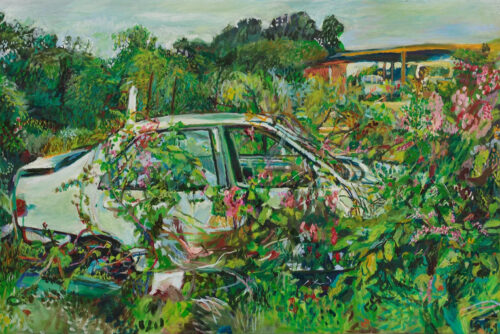 Overgrown Car in Barbuda, painting by Noel Hefele