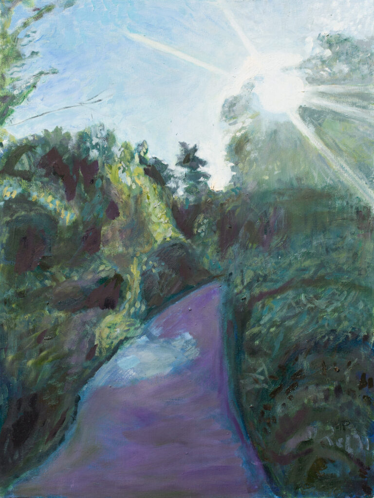 Oil painting of evening summer Sunlight on a a lush green path in Prospect Park
