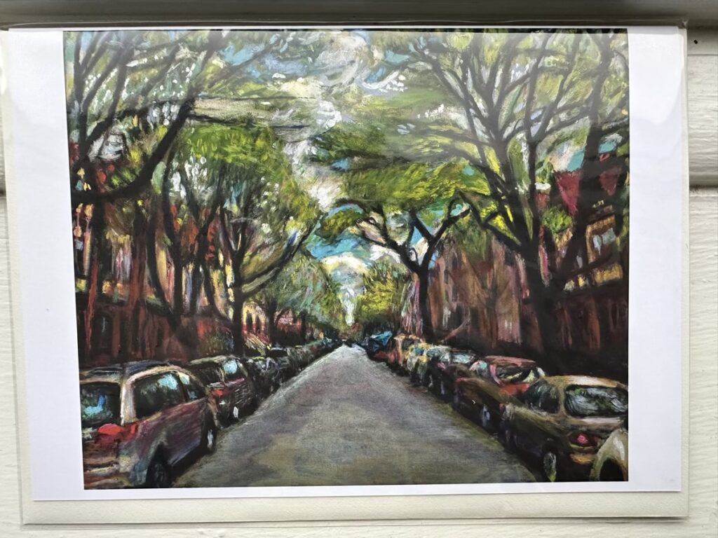 Greeting card featuring an oil painting by Noel Hefele of tree-lined Rutland Road with Tudor buildings in Flatbush Prospect Lefferts Gardens.