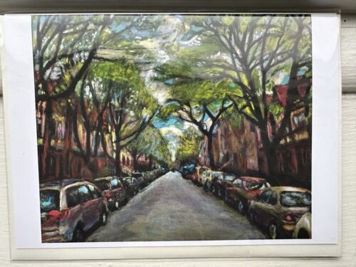 Greeting card featuring an oil painting by Noel Hefele of tree-lined Rutland Road with Tudor buildings in Flatbush Prospect Lefferts Gardens.
