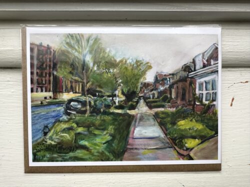 Oil painting of Lefferts Avenue in Prospect Lefferts Gardens, Brooklyn with lush greenery and historic homes.