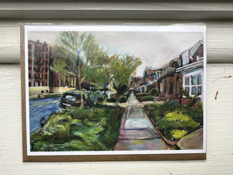 Oil painting of Lefferts Avenue in Prospect Lefferts Gardens, Brooklyn with lush greenery and historic homes.