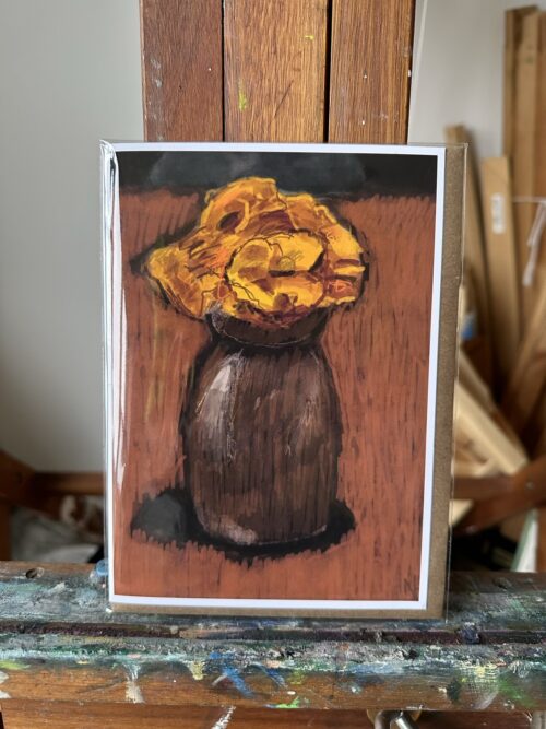Greeting card featuring a Procreate digital artwork by Noel Hefele, illustrating a solitary yellow flower with deep hues atop a tall, brown vase, against a contrasting dark backdrop.