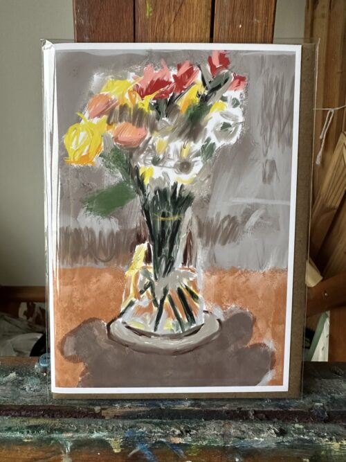 Greeting card featuring a Procreate digital artwork by Noel Hefele, presenting a bouquet of red, yellow, and peach flowers in a clear vase, set against a muted backdrop.