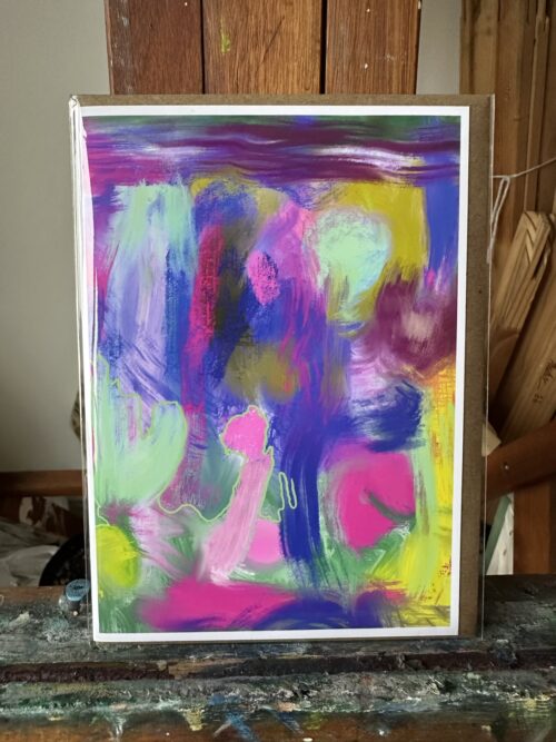 Greeting card featuring a Procreate digital artwork by Noel Hefele, marked by vibrant color brushstrokes ranging from deep purples to electric greens and neon pinks.