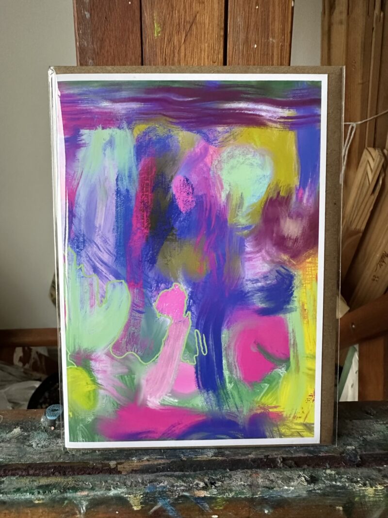 Greeting card featuring a Procreate digital artwork by Noel Hefele, marked by vibrant color brushstrokes ranging from deep purples to electric greens and neon pinks.