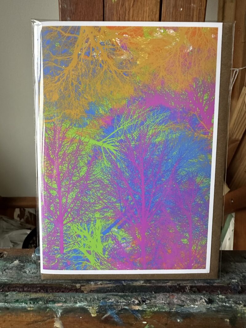 Greeting card showcasing a digital artwork by Noel Hefele from Procreate on iPad, depicting a vivid interplay of neon colors illuminating intricate tree branches.