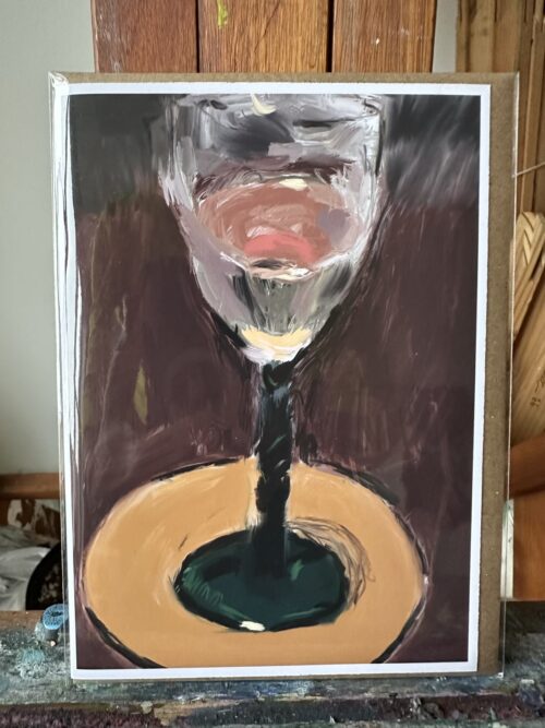 Greeting card showcasing a Procreate digital artwork by Noel Hefele, depicting a half-filled wine glass, capturing its intricate reflections and the play of light, set against a moody background.