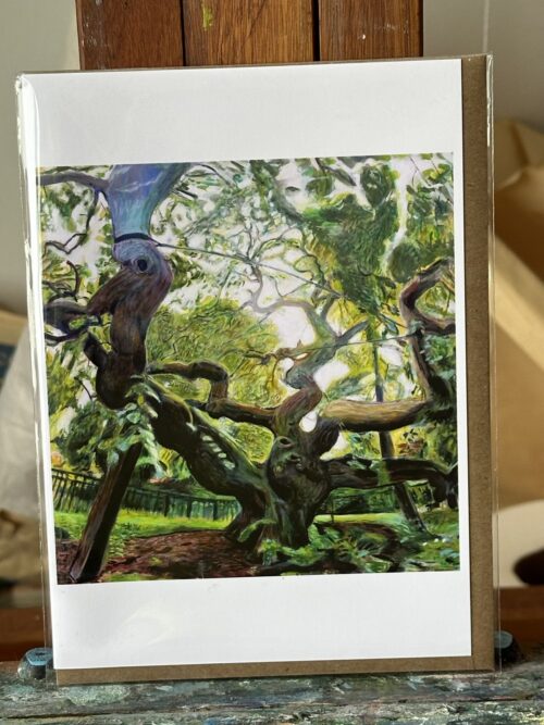 Greeting card print of an oil painting by Noel Hefele, showcasing the famous Camperdown Elm in Prospect Park, with its characteristic twisted branches and dense green foliage.