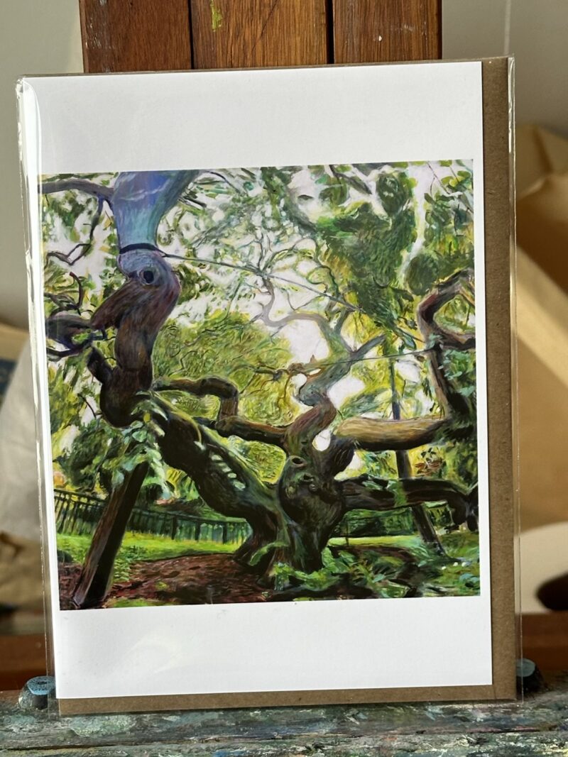 Greeting card print of an oil painting by Noel Hefele, showcasing the famous Camperdown Elm in Prospect Park, with its characteristic twisted branches and dense green foliage.